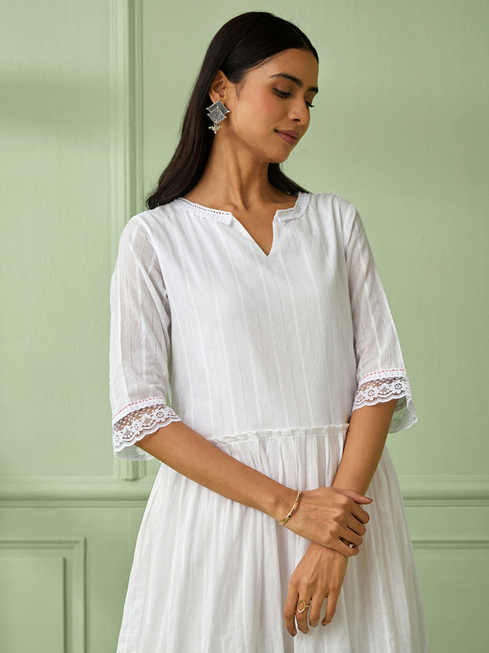 White Cotton Gathered Dress