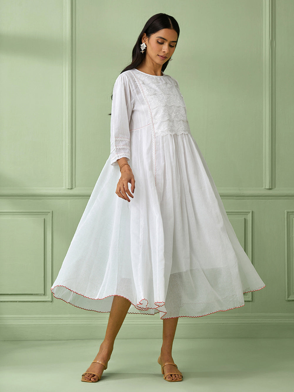 White Cotton Gathered Dress