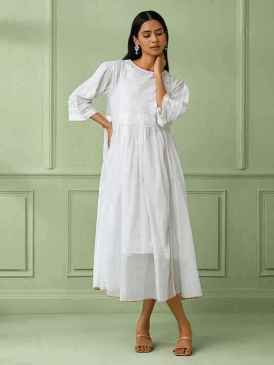 White Cotton Gathered Dress