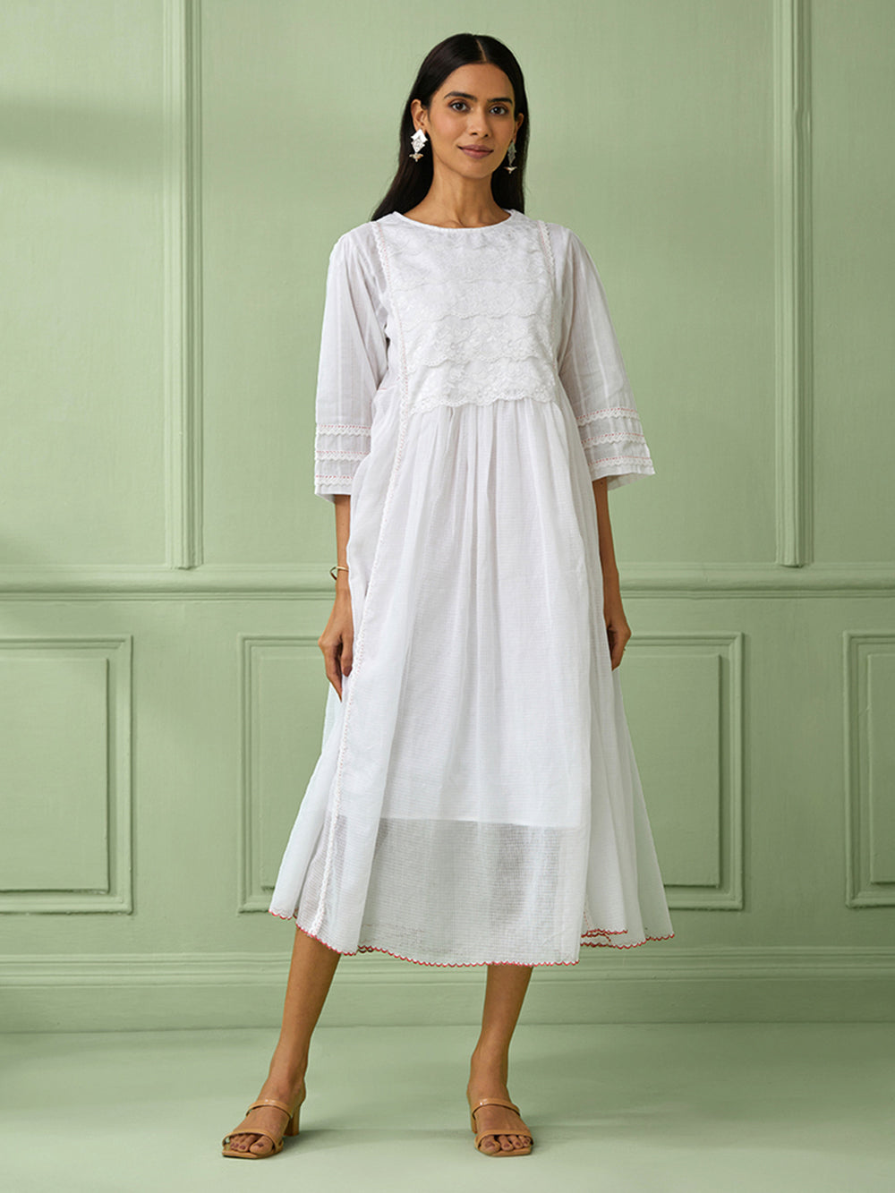 White Cotton Gathered Dress