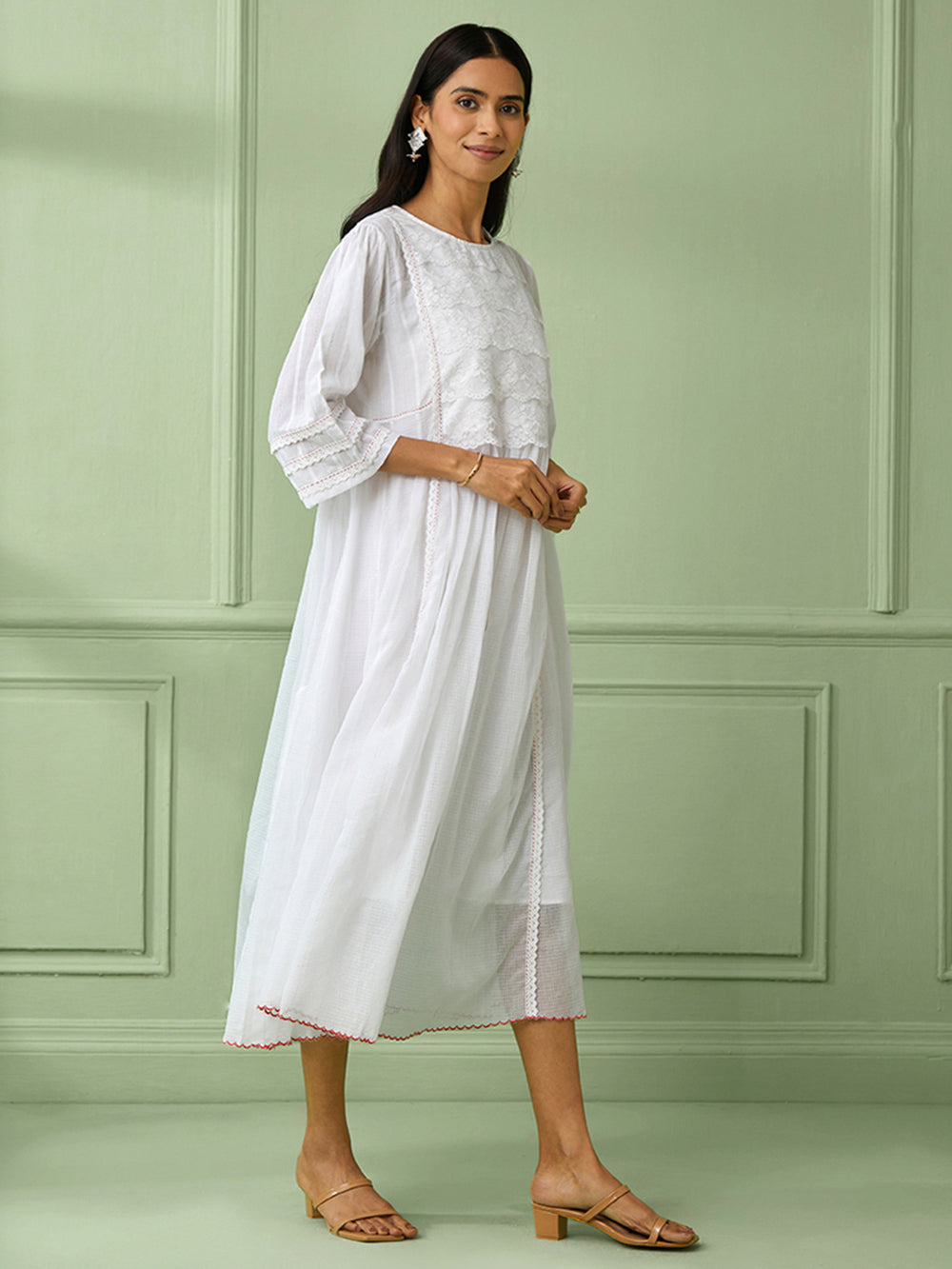 White Cotton Gathered Dress