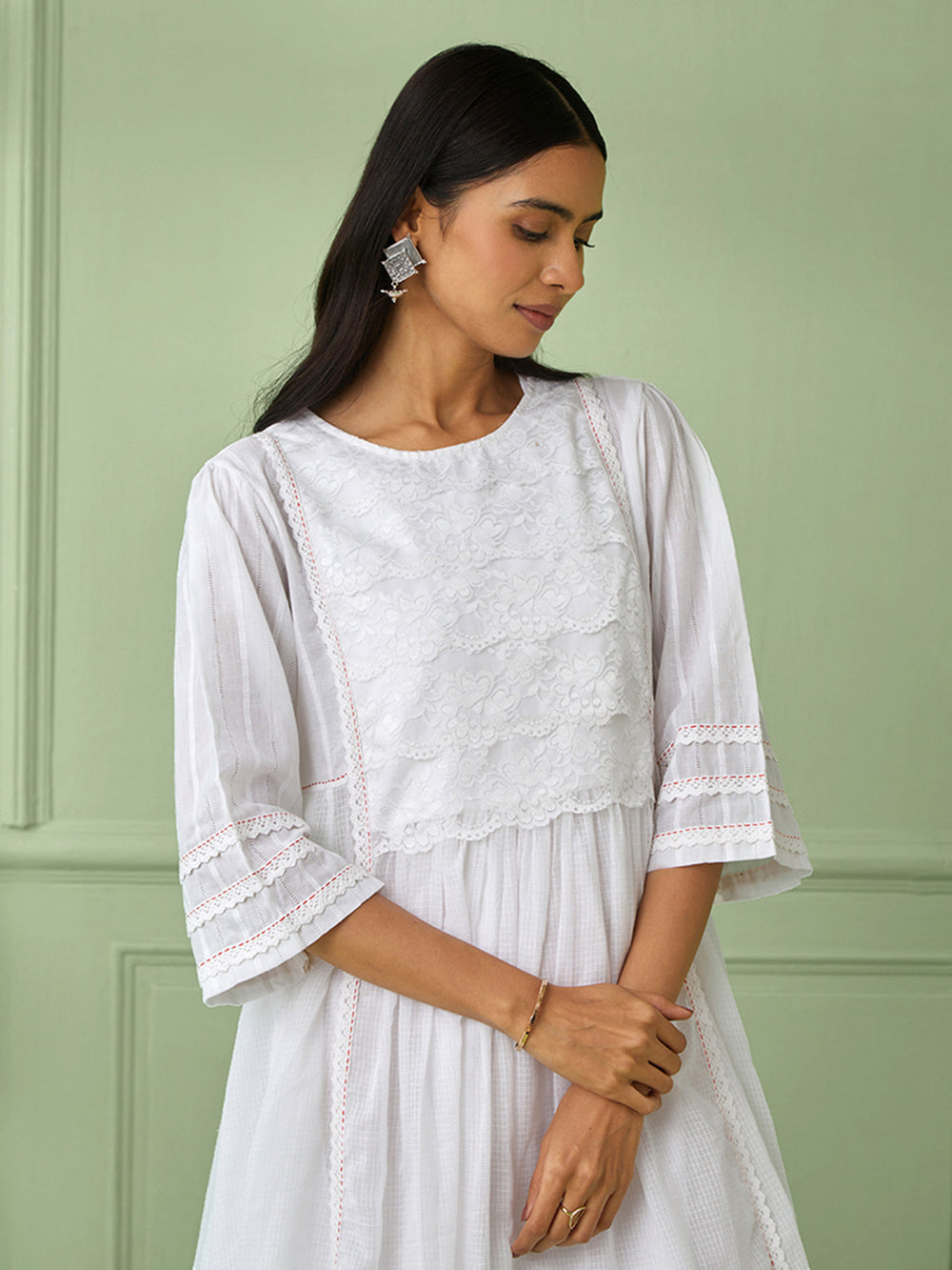 White Cotton Gathered Dress