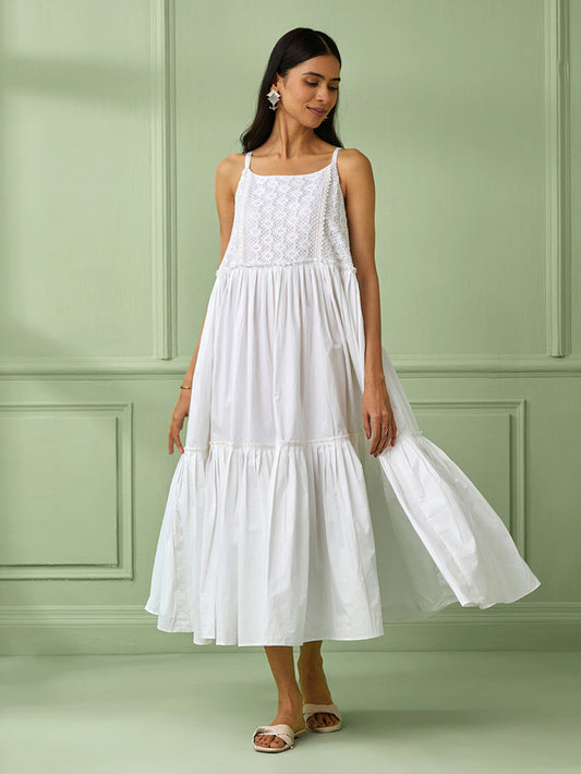 White Cotton Strappy Tiered Dress