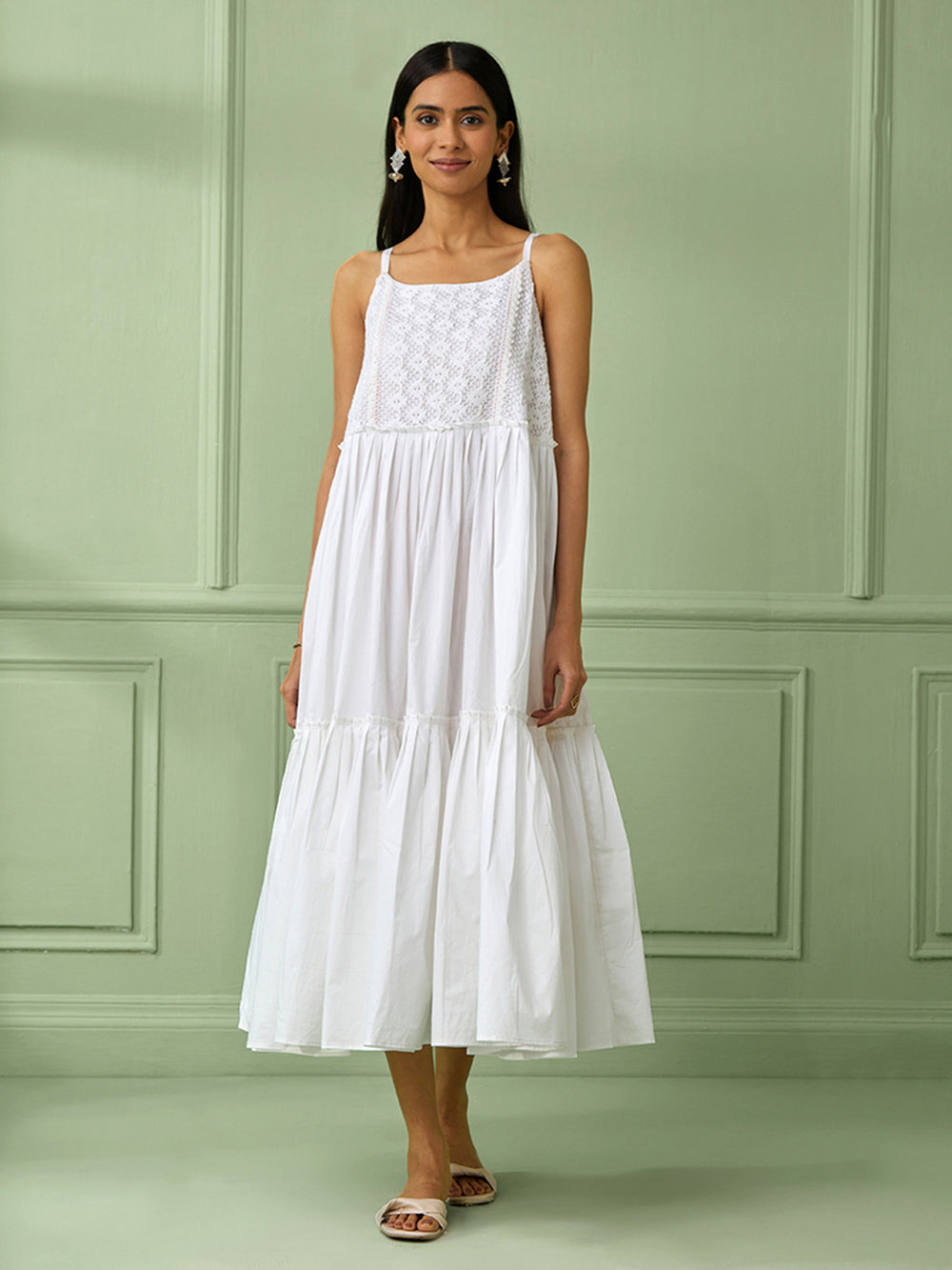 White Cotton Strappy Tiered Dress