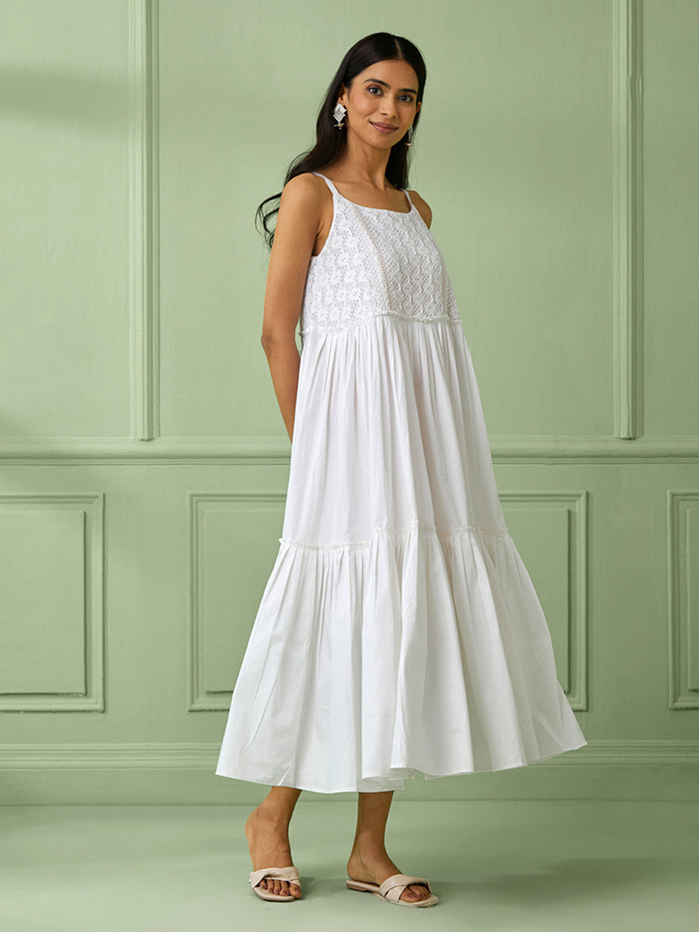 White Cotton Strappy Tiered Dress