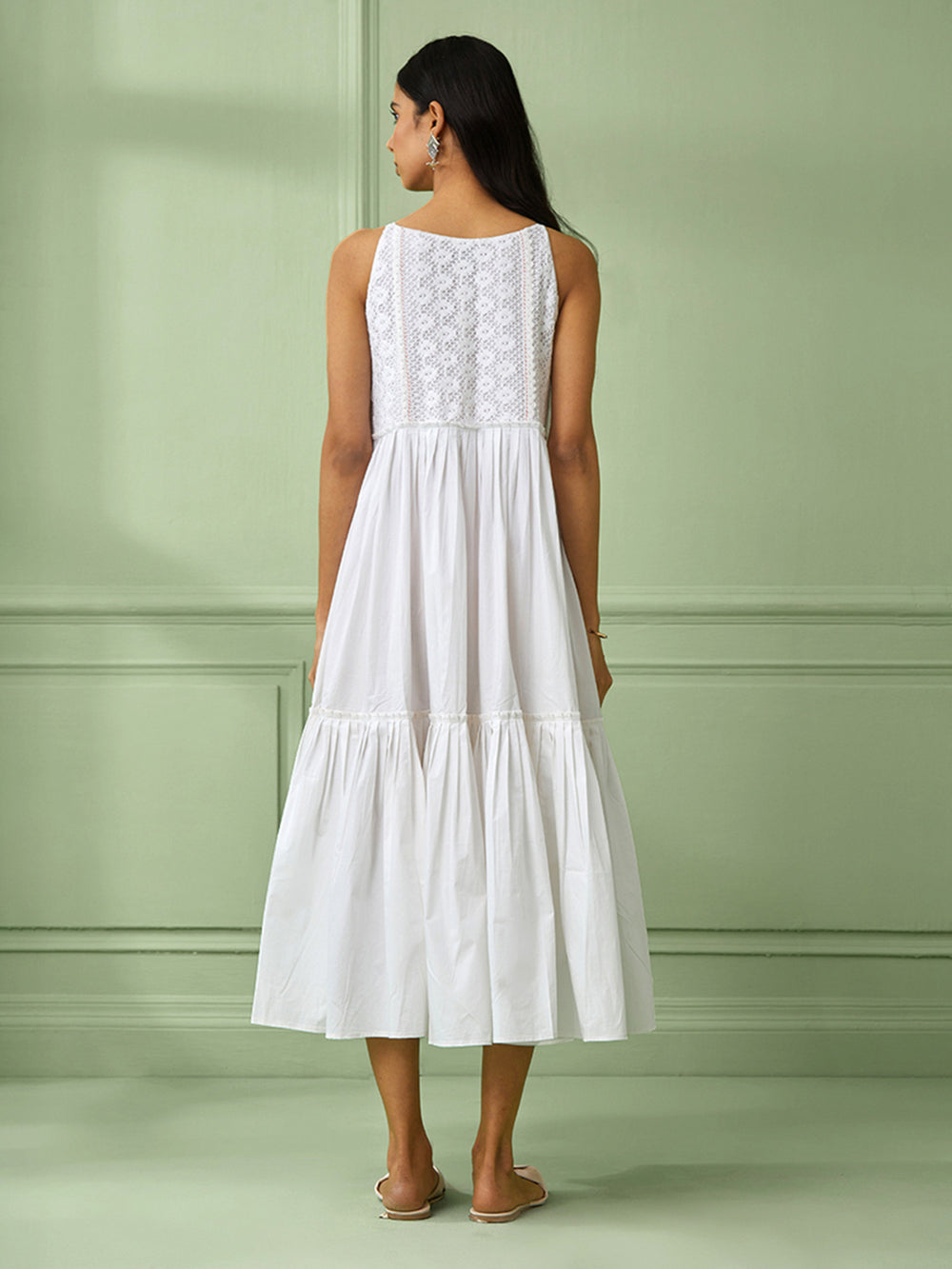 White Cotton Strappy Tiered Dress