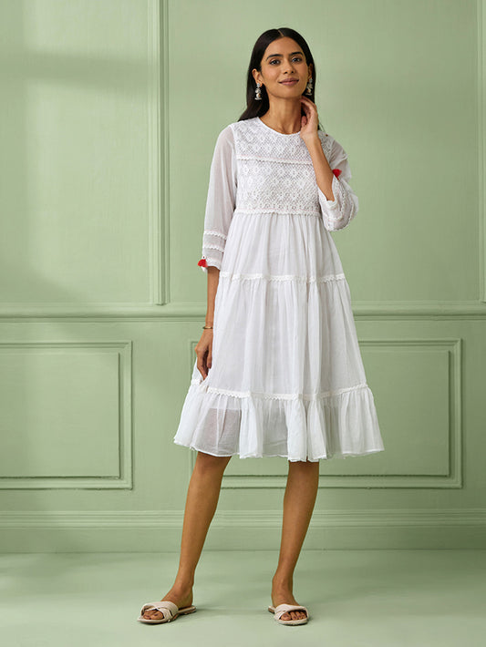 White Cotton Tiered Dress
