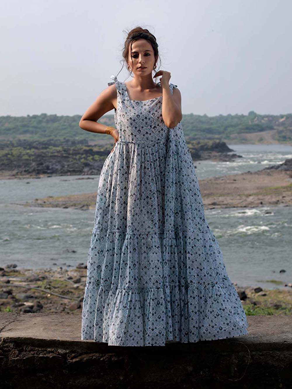 White Grey Block Printed Cambric Tiered Dress