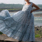 White Grey Block Printed Cambric Tiered Dress