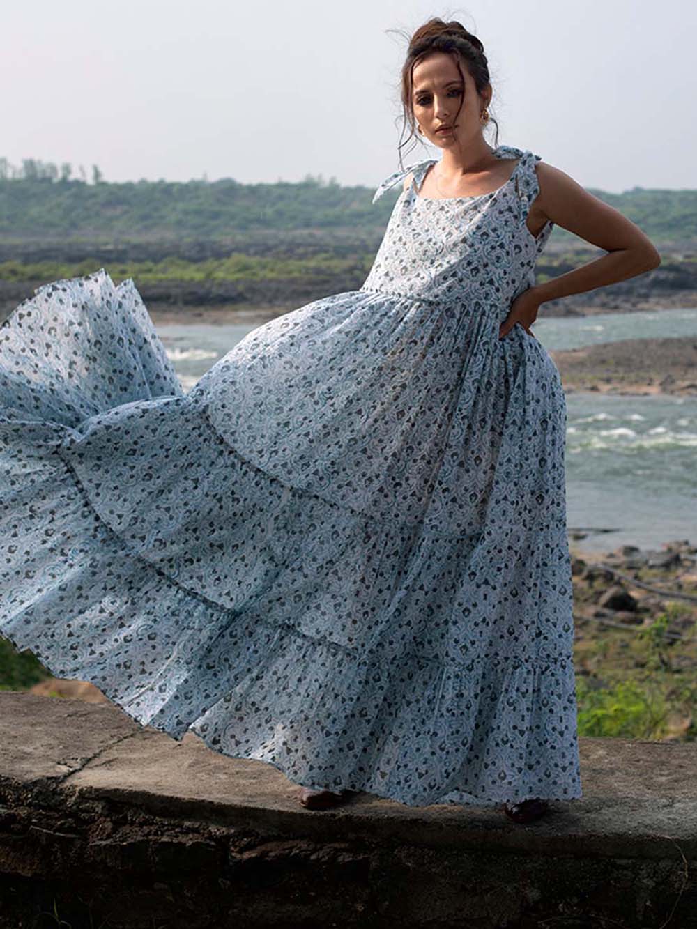 White Grey Block Printed Cambric Tiered Dress