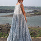 White Grey Block Printed Cambric Tiered Dress