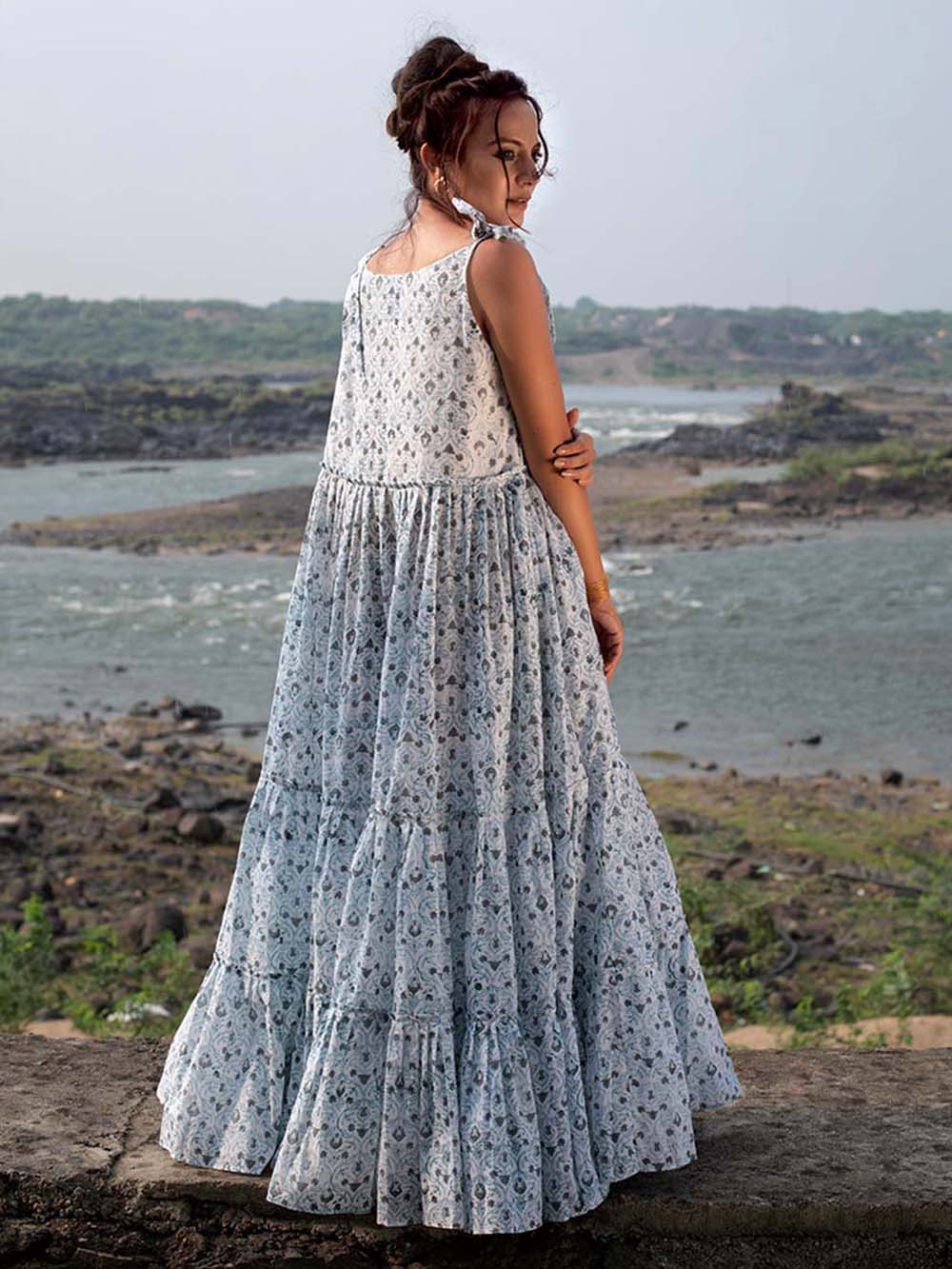 White Grey Block Printed Cambric Tiered Dress