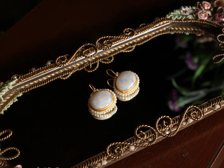 White Pearl Brass Earrings