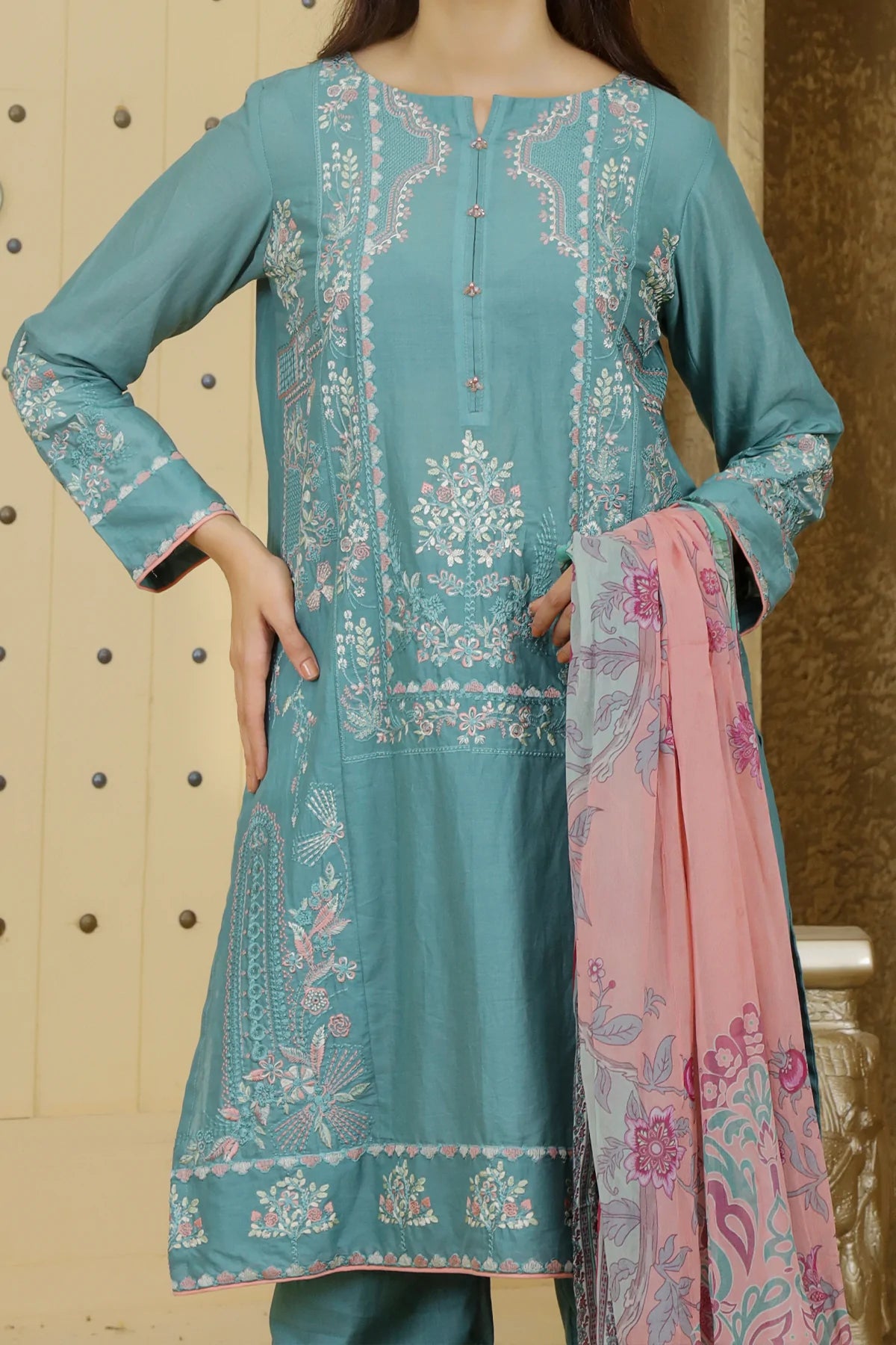 Green Embroidered Cotton Kurta