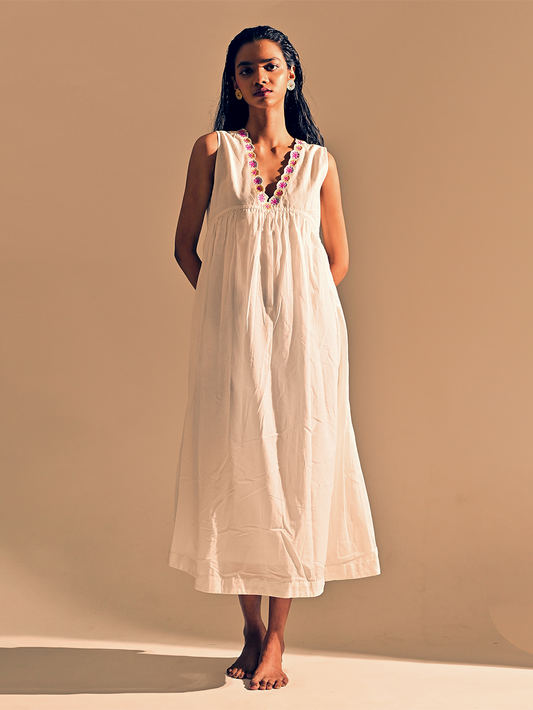 White Cotton Gathered Dress