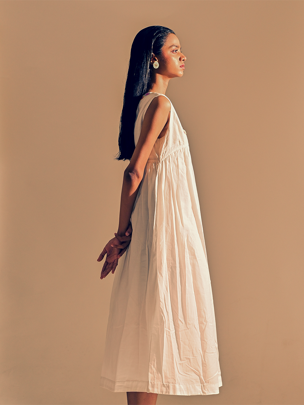 White Cotton Gathered Dress