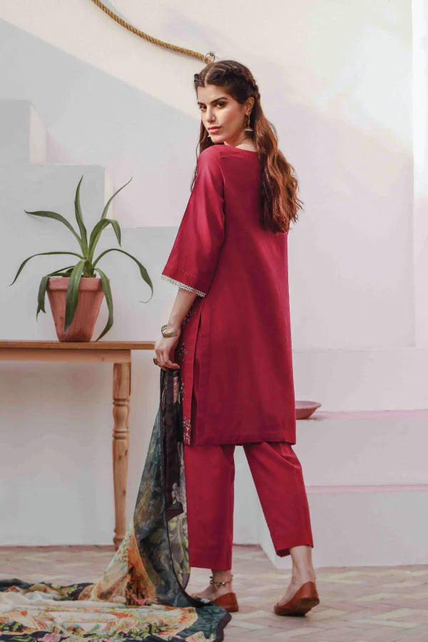 Magenta Embroidered Cotton Kurta