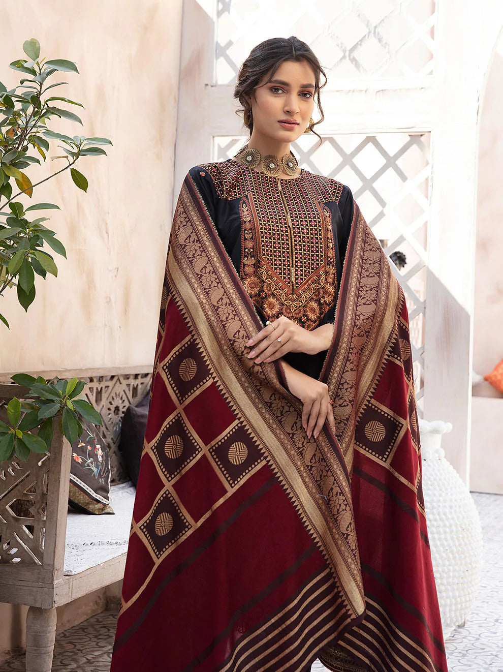 Maroon  Embroidered Dupatta