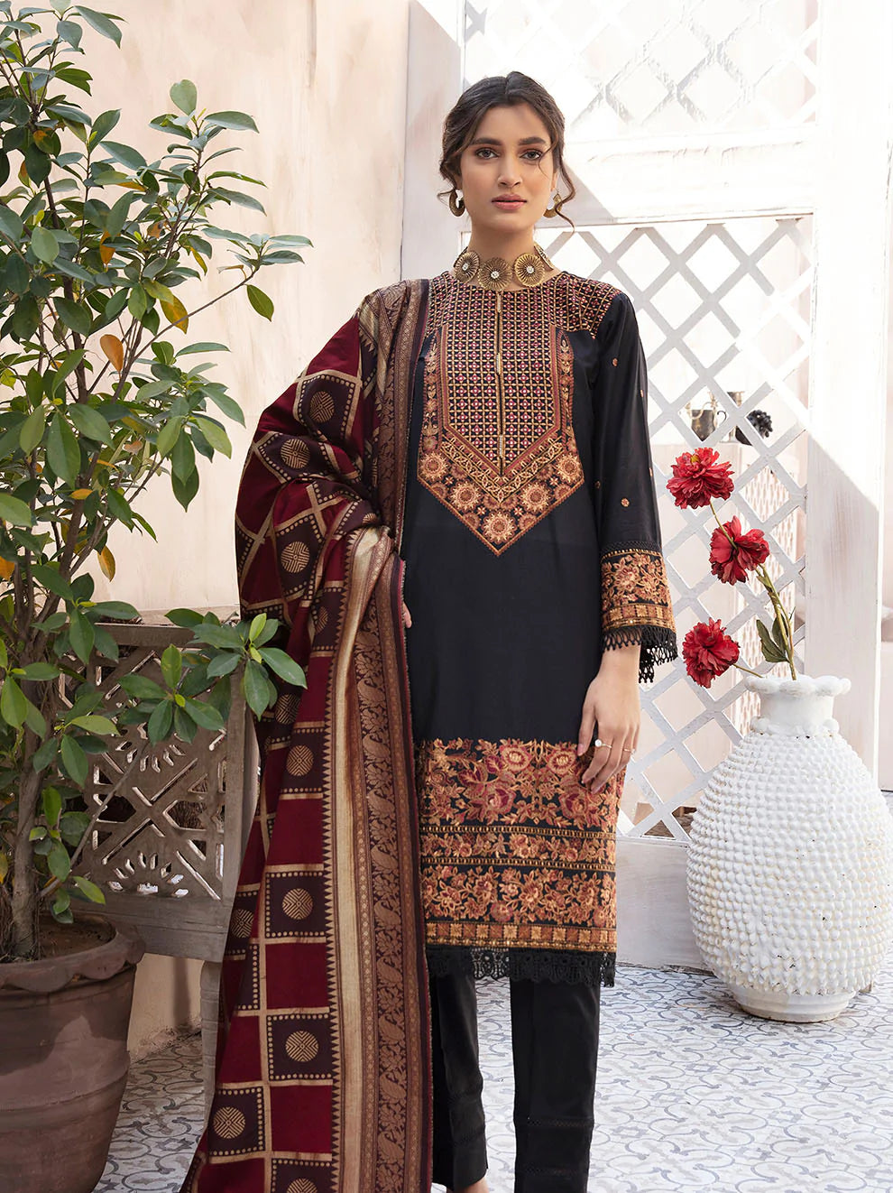 Maroon  Embroidered Dupatta