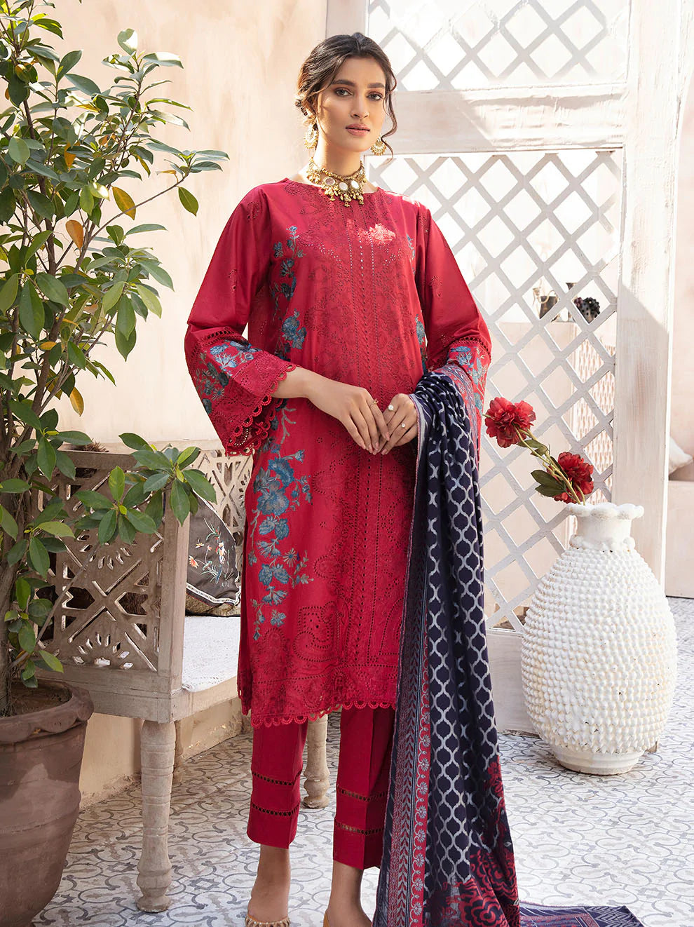 Red Shiffli Embroidered Suit - Set of 3