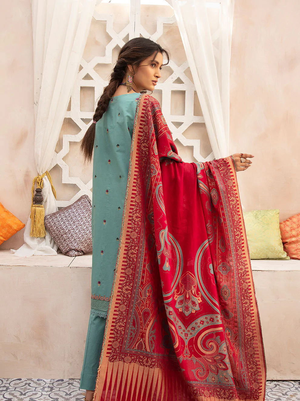 Red Embroidered Cotton Dupatta