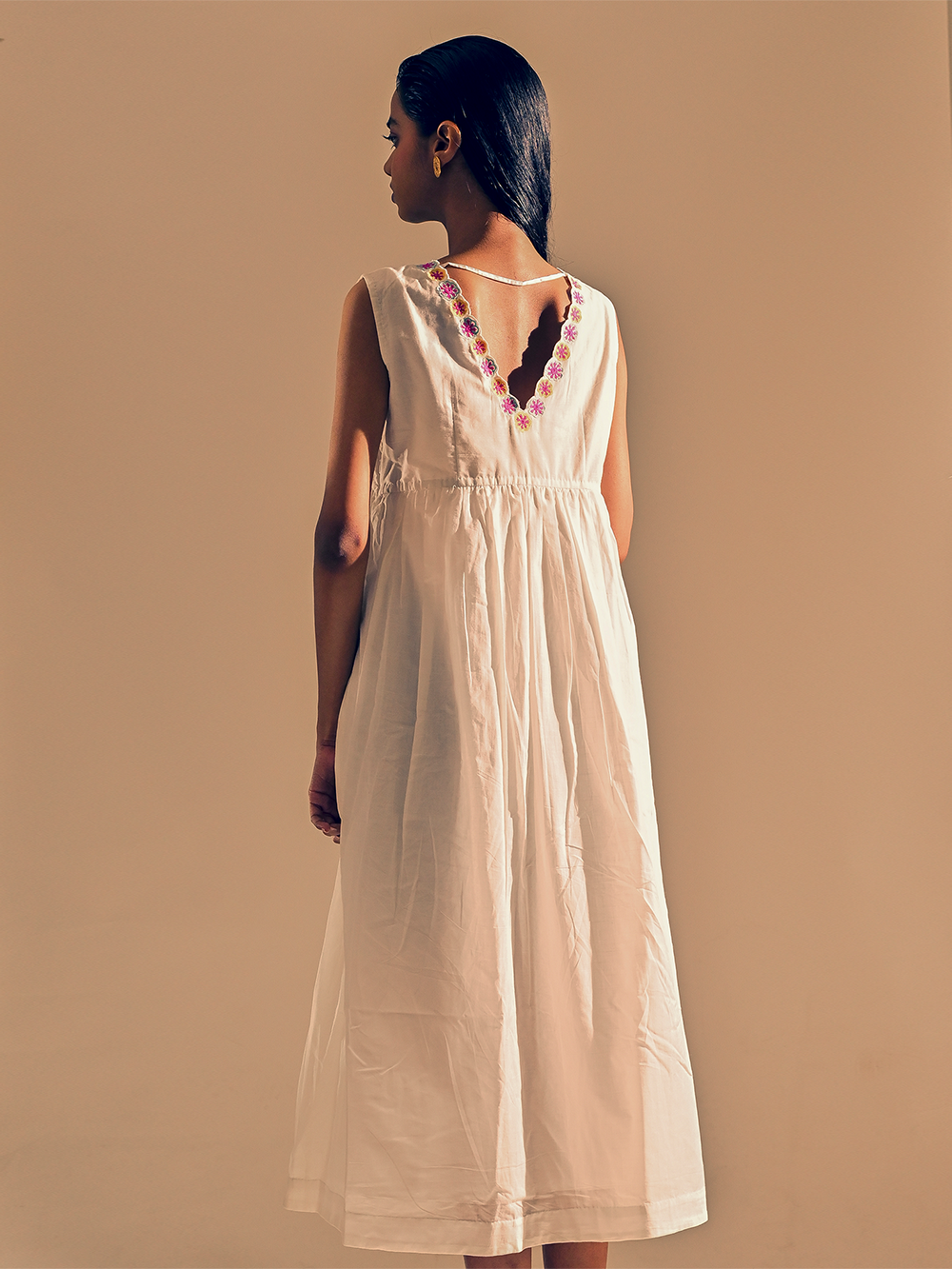 White Cotton Gathered Dress