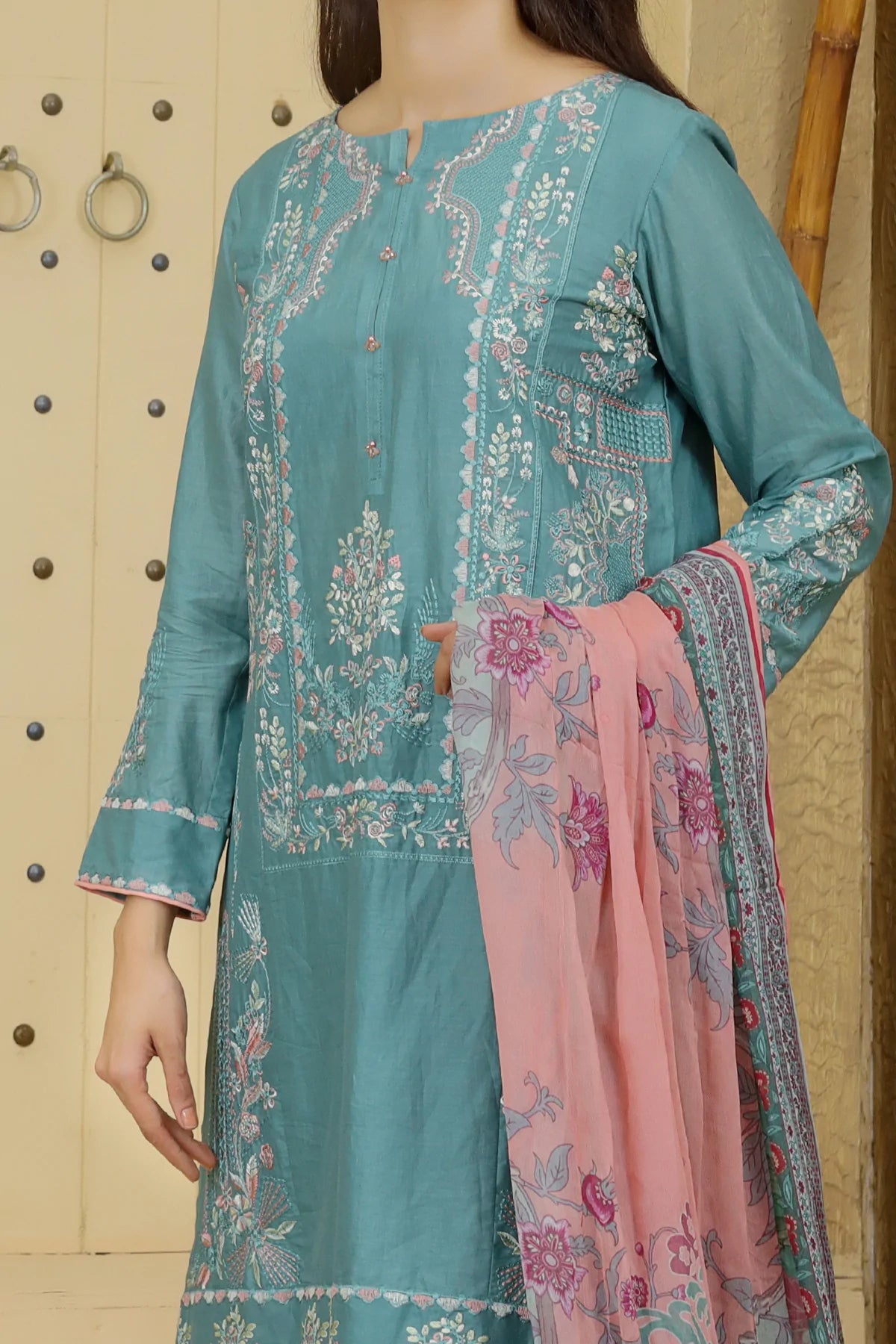 Green Embroidered Cotton Kurta