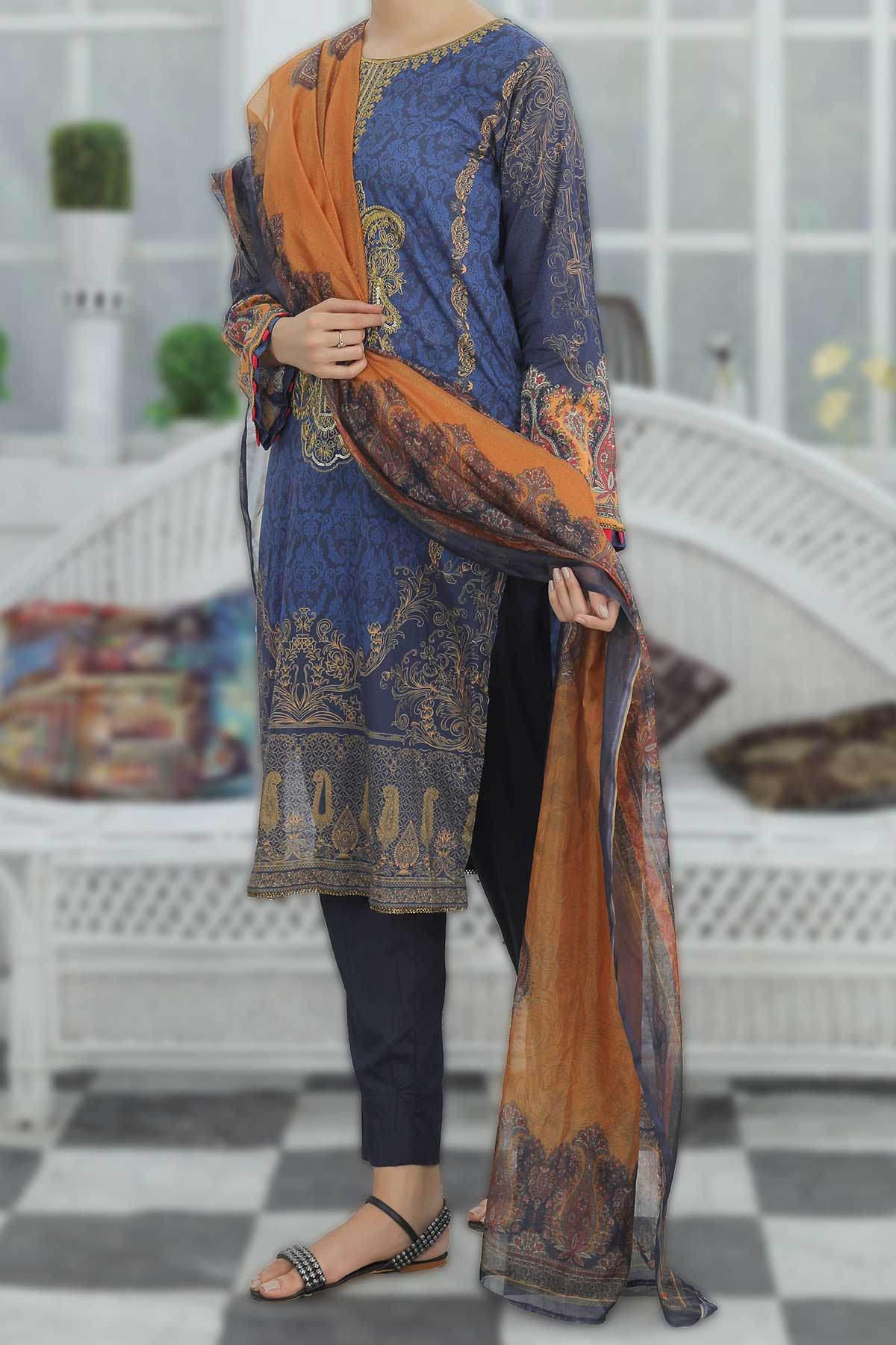 Blue Embroidered Cotton Kurta