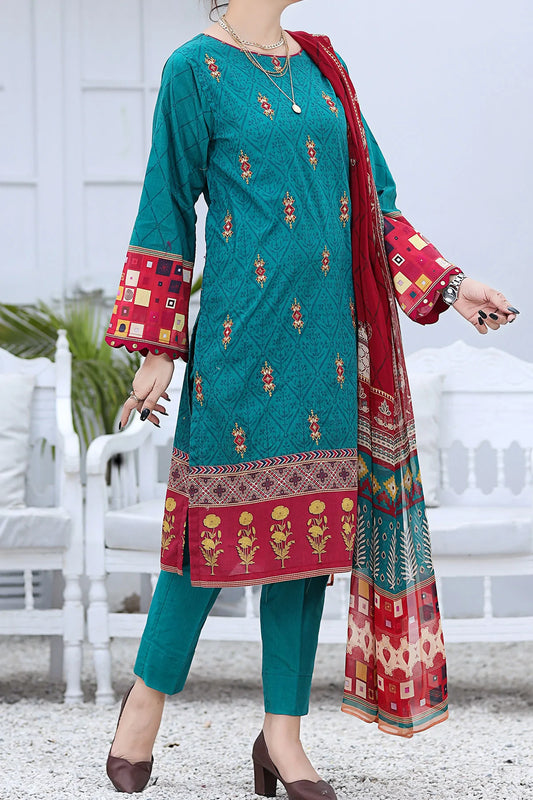Green Embroidered Cotton Suit - Set of 3