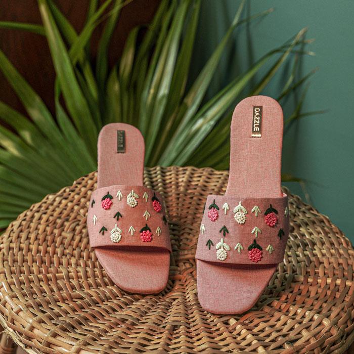 Old Rose Embroidered Cotton Flats