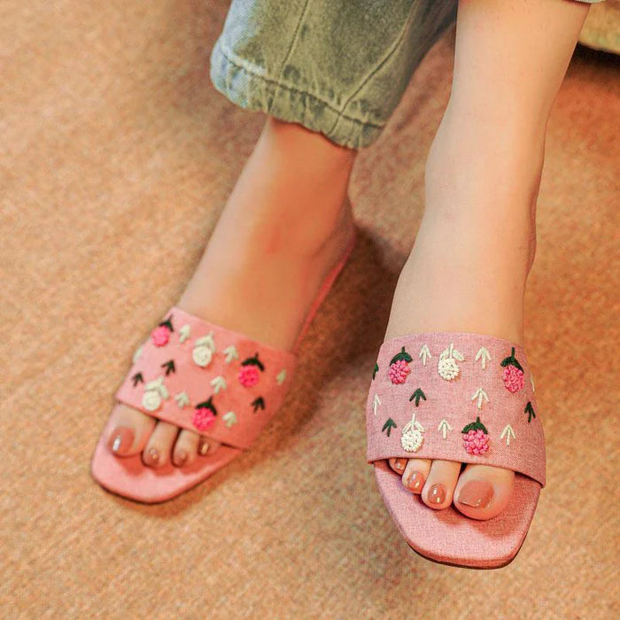 Old Rose Embroidered Cotton Flats