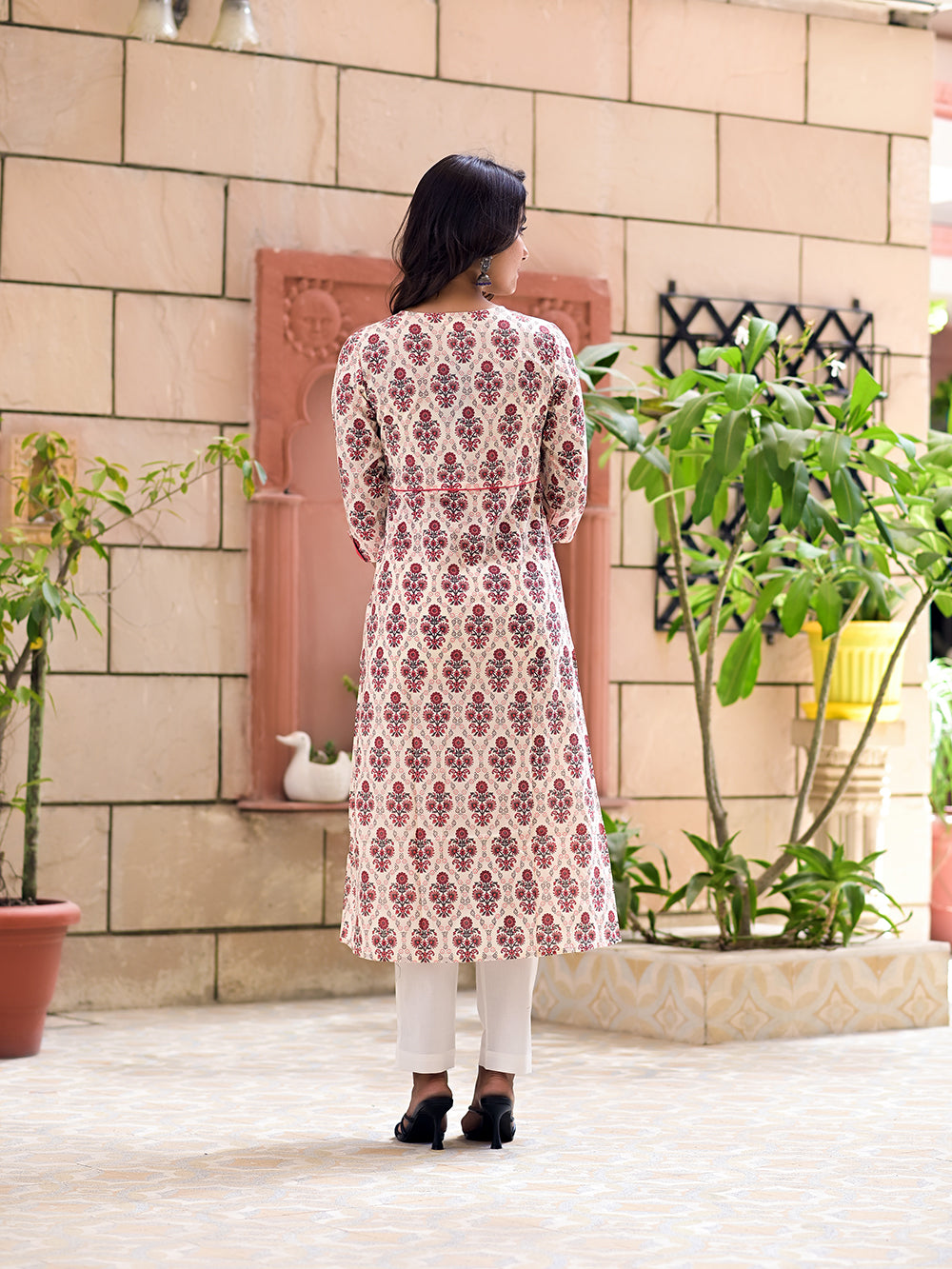 Off White Peach Cotton Printed Long Kurta