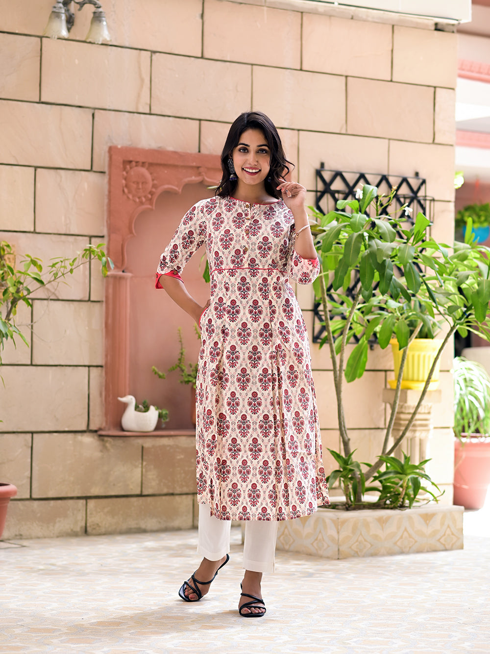 Off White Peach Cotton Printed Long Kurta