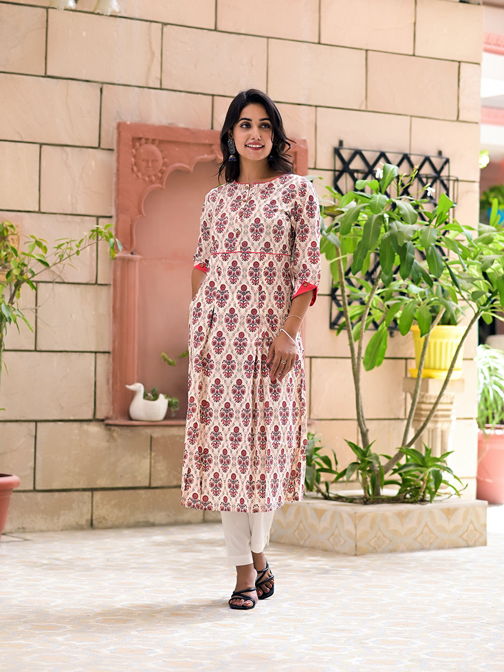 Off White Peach Cotton Printed Long Kurta