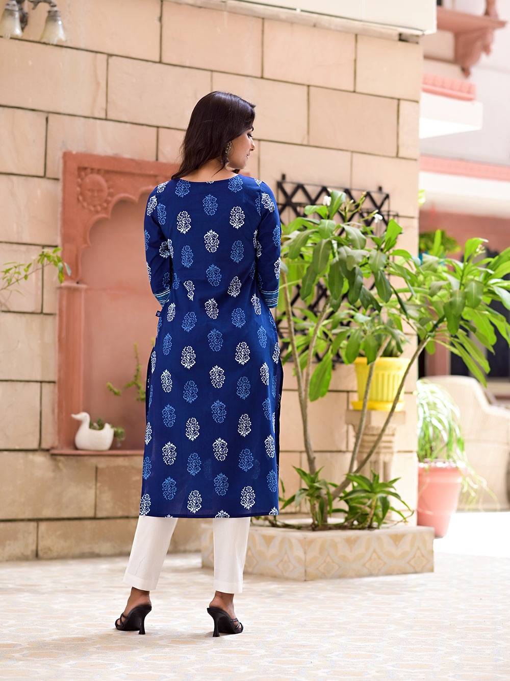 Blue hand  Block Printed Cotton Embroidered  Kurta With White  Pants- Set of 2