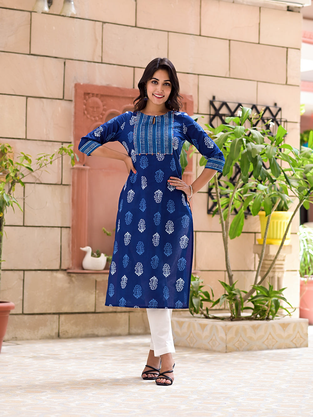 Blue hand  Block Printed Cotton Embroidered  Kurta With White  Pants- Set of 2