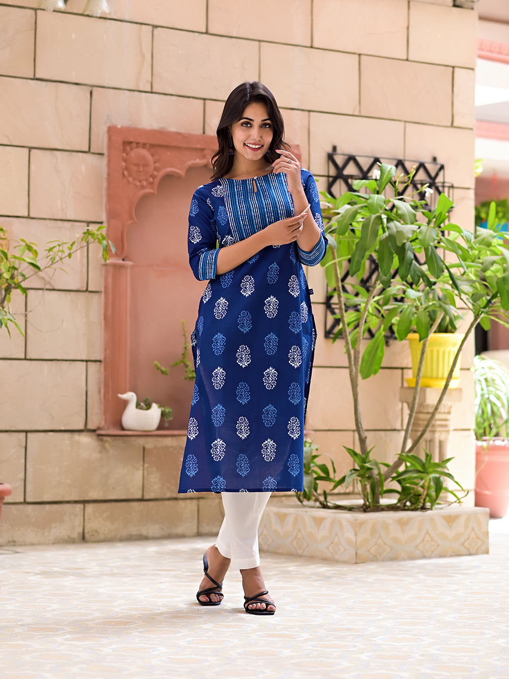 Blue hand  Block Printed Cotton Embroidered  Kurta With White  Pants- Set of 2