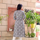 Grey Cotton Block Printed Angrakha Kurta with White Pants- Set of 2