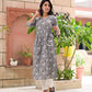 Grey Cotton Block Printed Angrakha Kurta with White Pants- Set of 2