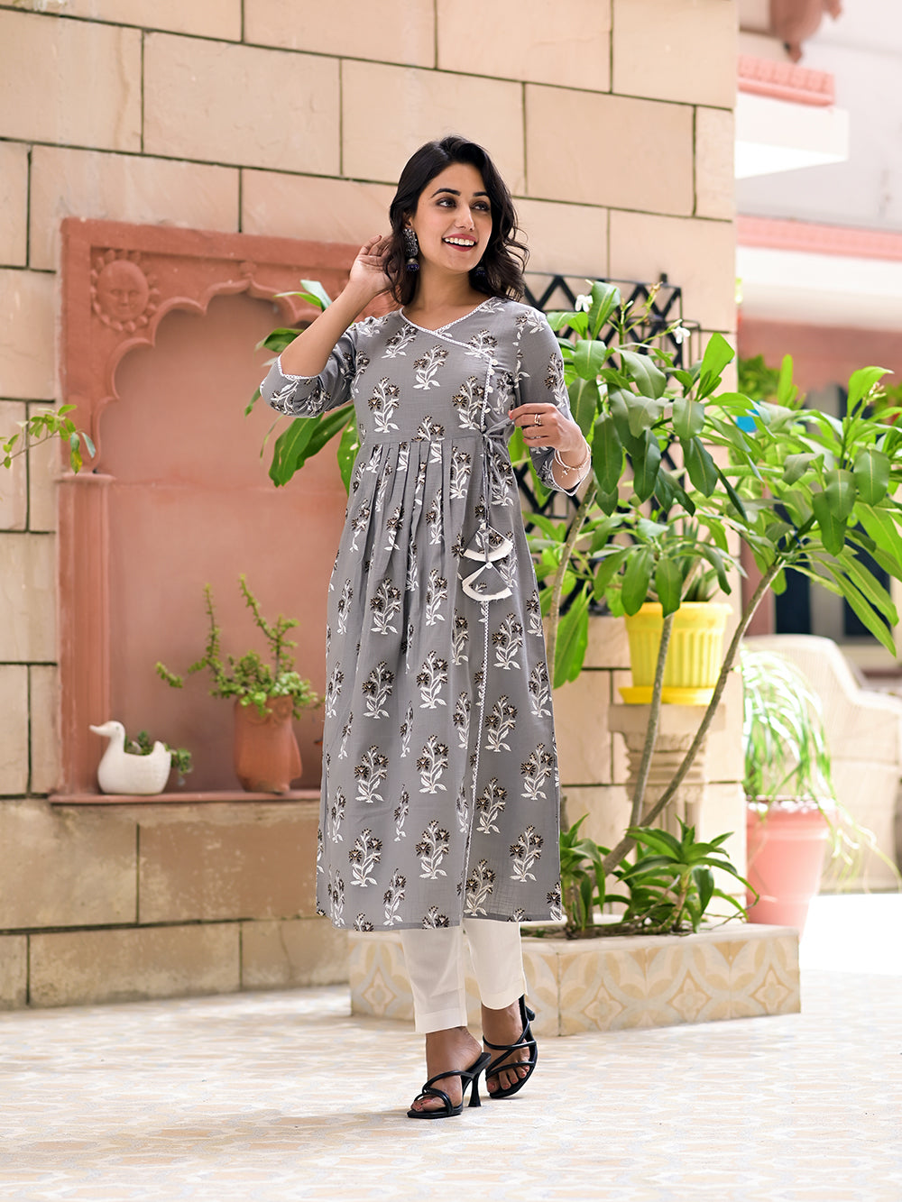 Grey Cotton Block Printed Angrakha Kurta with White Pants- Set of 2