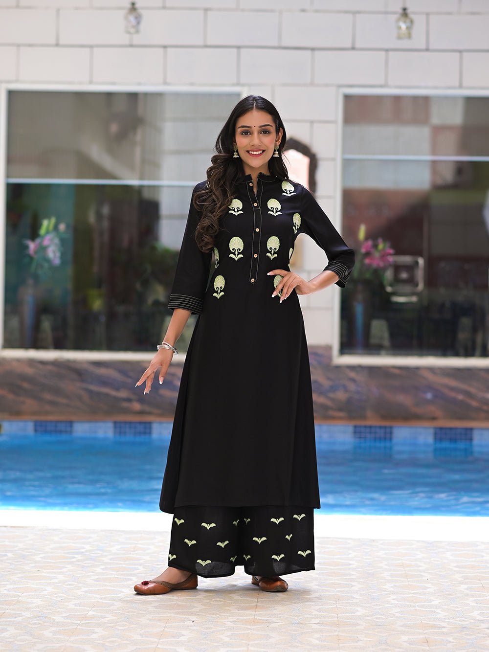 Black Rayon Embroidered Kurta with Palazzo- Set of 2