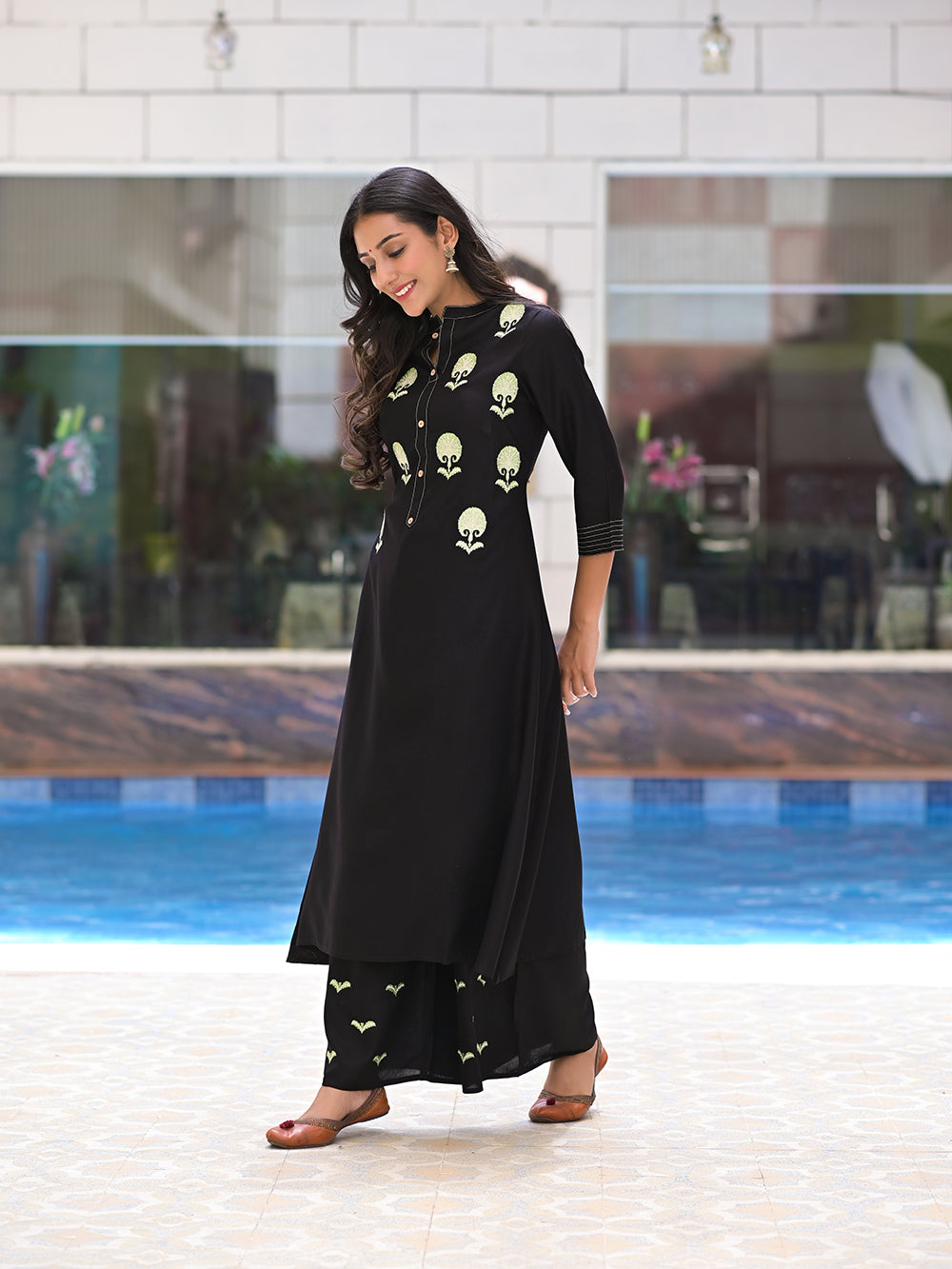 Black Rayon Embroidered Kurta with Palazzo- Set of 2