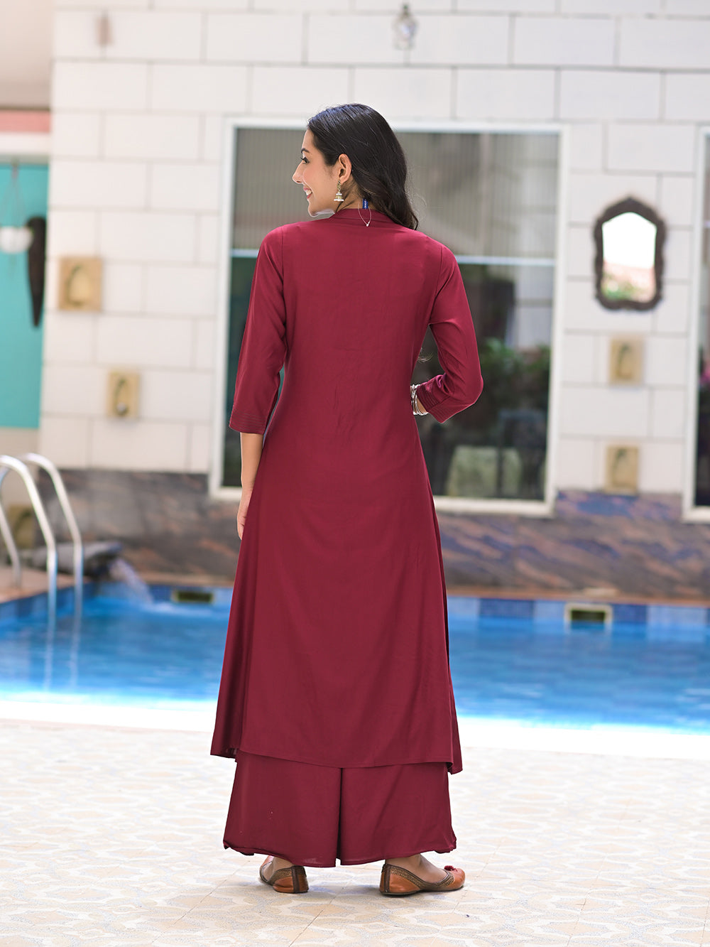 Maroon Rayon Embroideried Solid Long Kurta with Palazzo- Set of 2