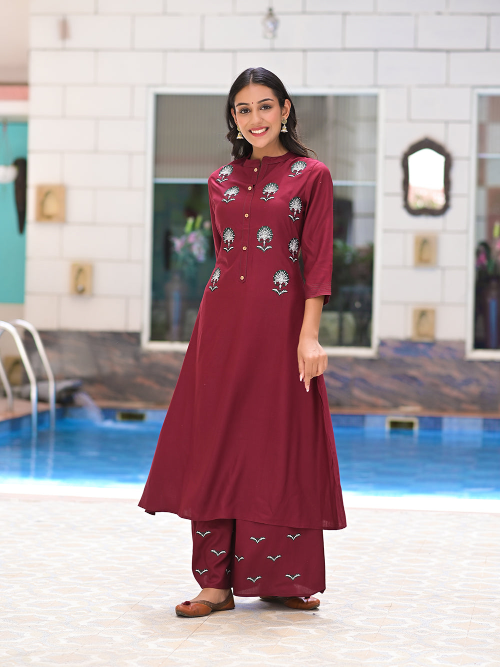 Maroon Rayon Embroideried Solid Long Kurta with Palazzo- Set of 2