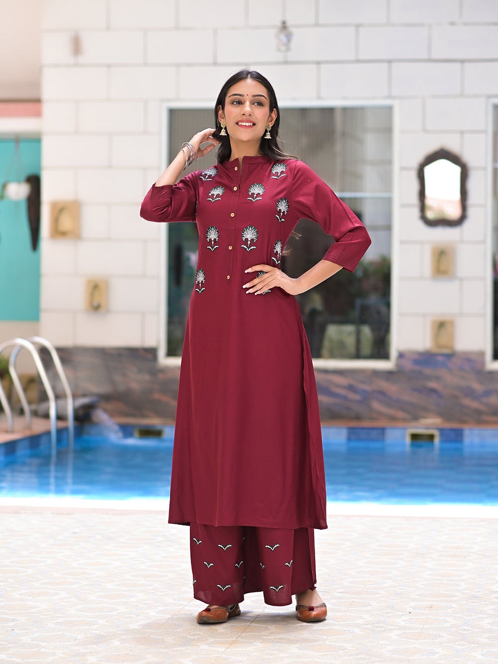 Maroon Rayon Embroideried Solid Long Kurta with Palazzo- Set of 2