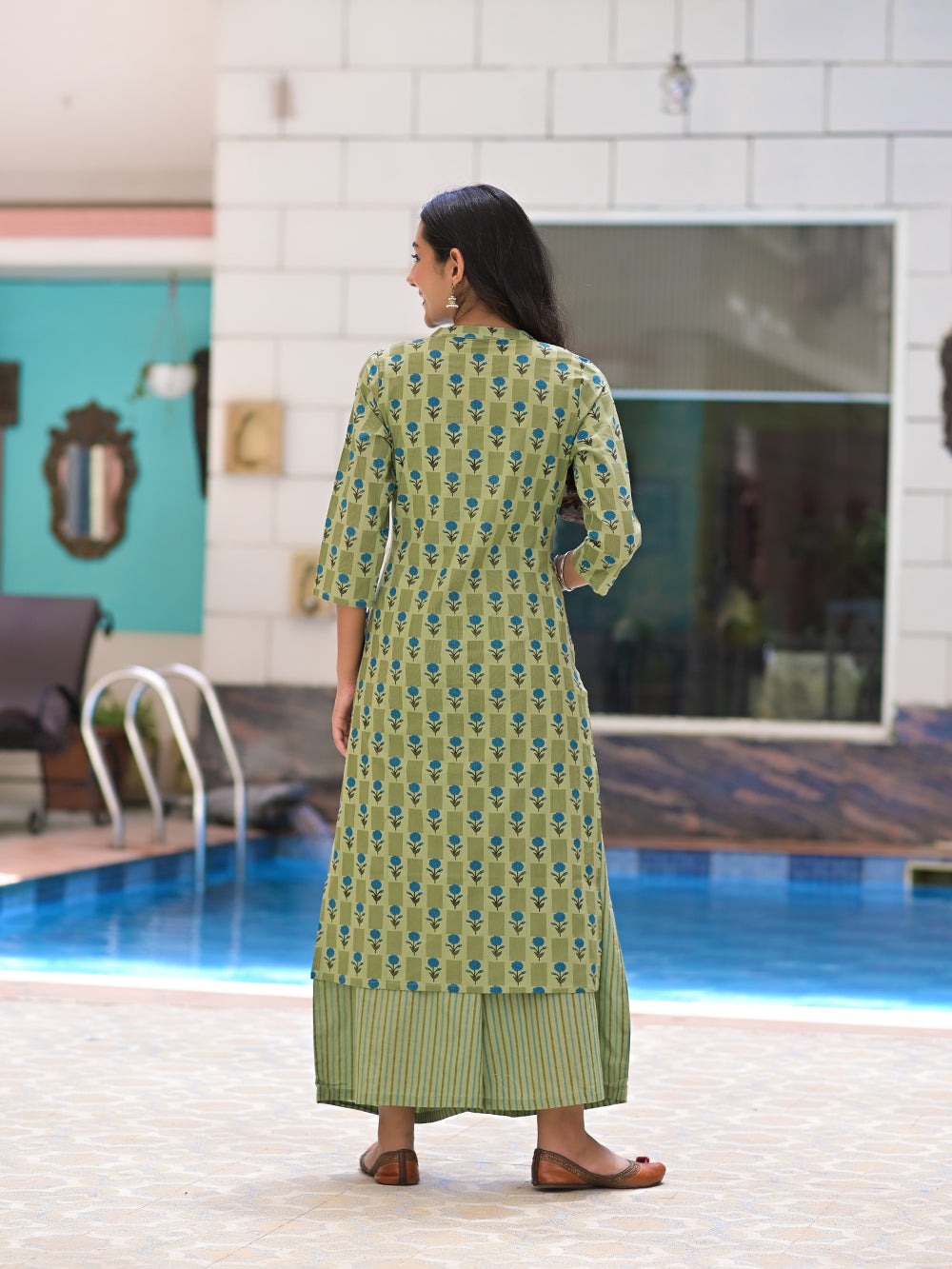 Green Cotton Printed Long Kurta with Palazzo- Set of 2