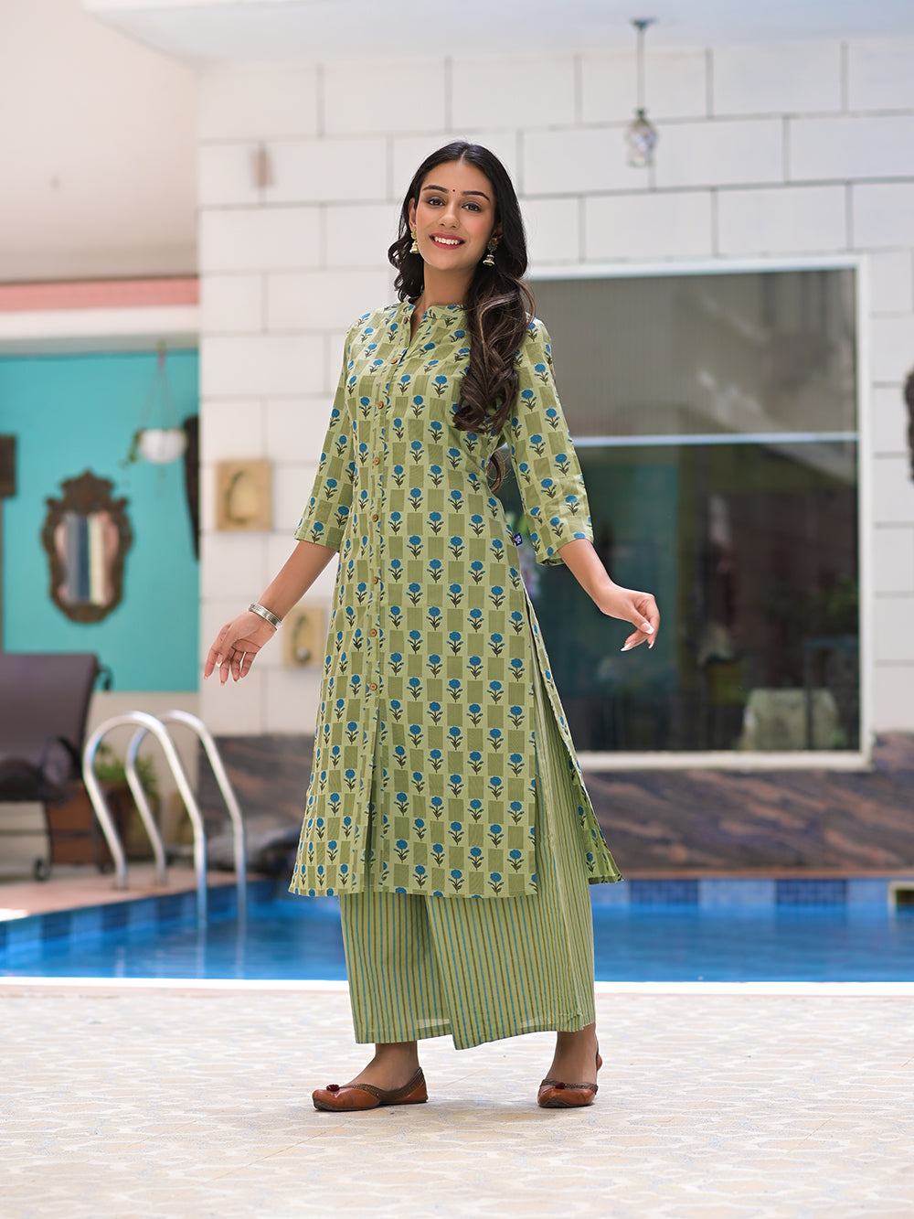 Green Cotton Printed Long Kurta with Palazzo- Set of 2