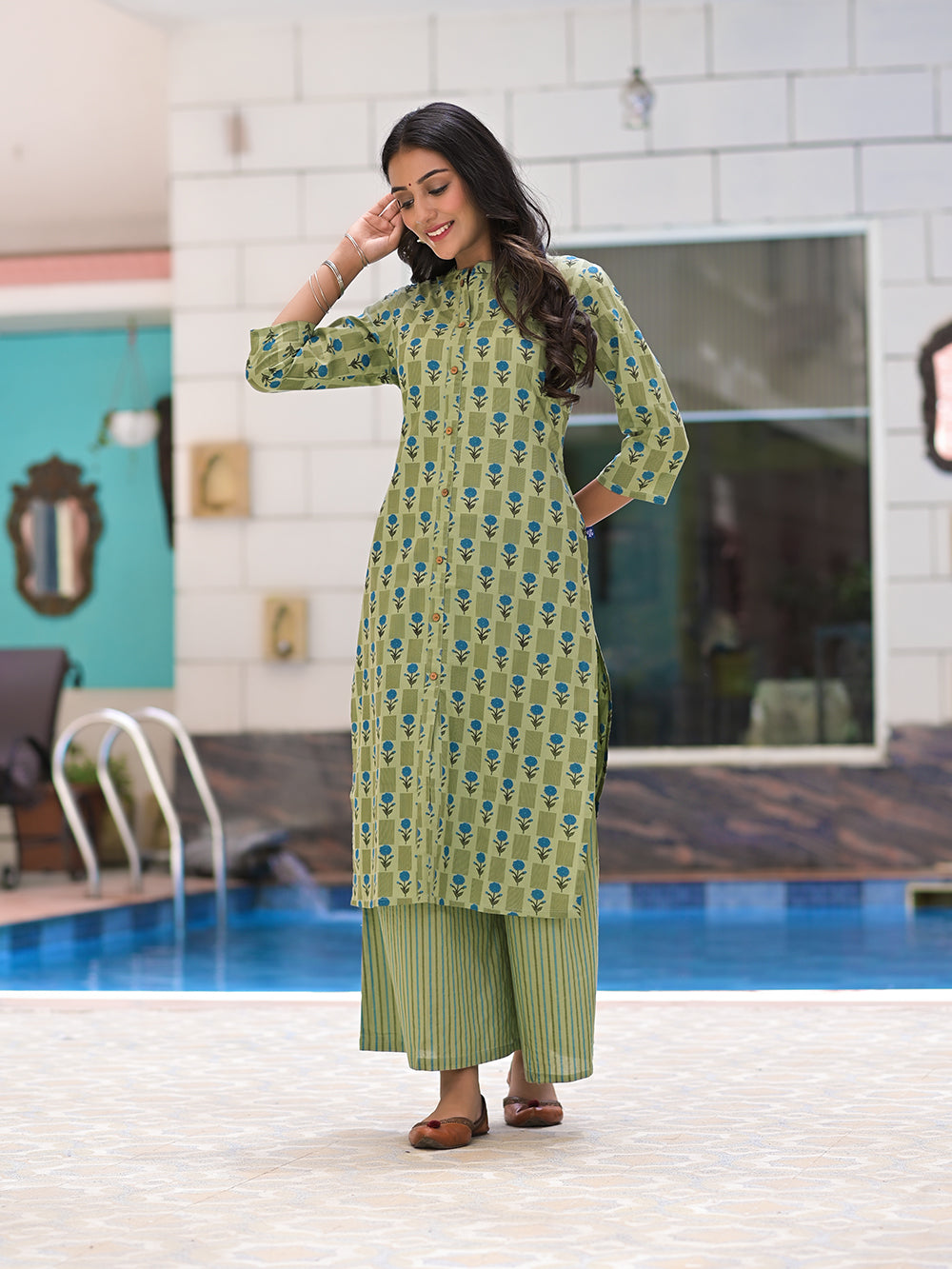 Green Cotton Printed Long Kurta with Palazzo- Set of 2