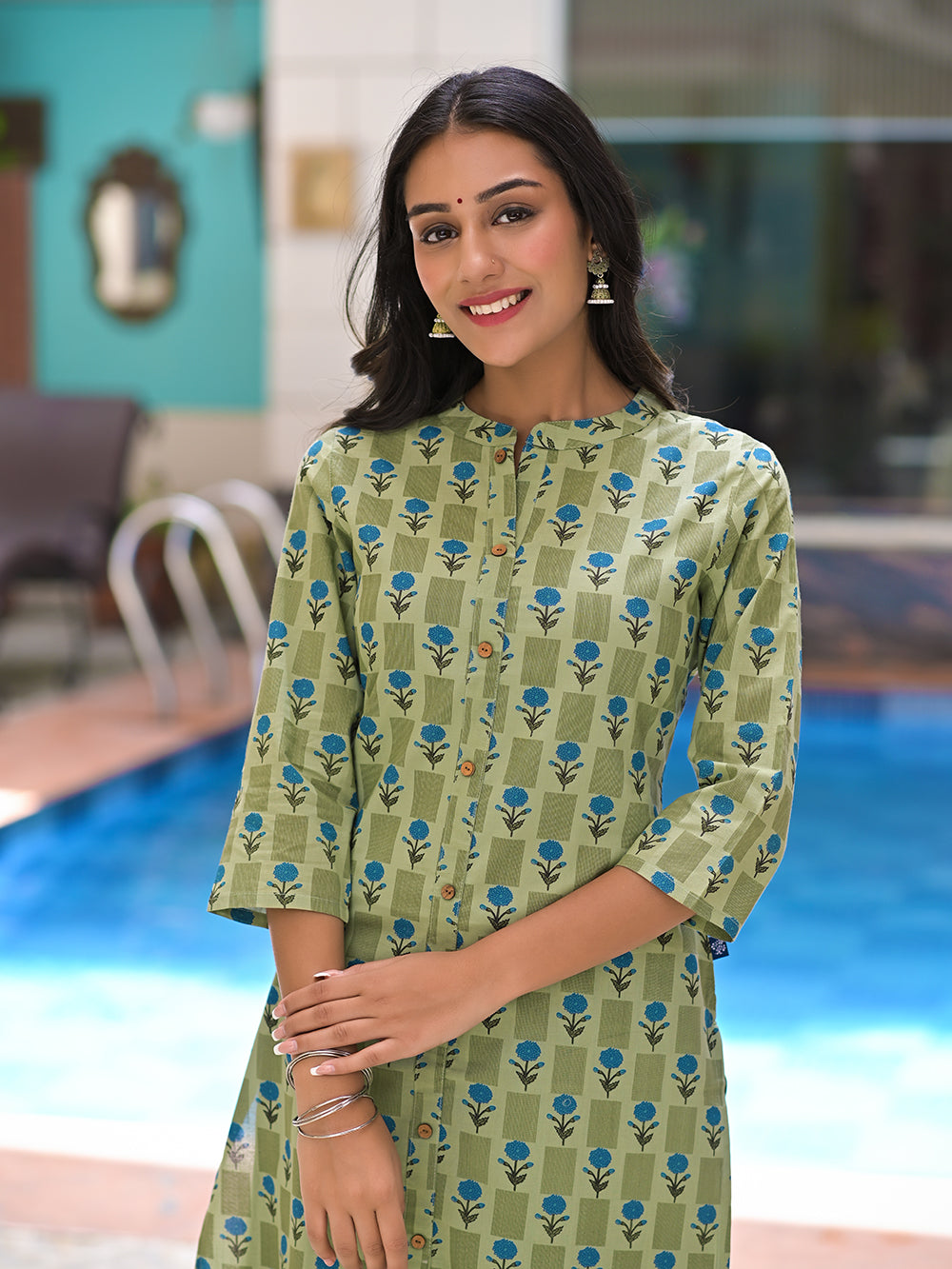 Green Cotton Printed Long Kurta with Palazzo- Set of 2