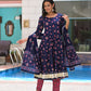 Blue Pink Cotton Jaal Printed Anarkali Suit With Block Printed Dupatta - Set of 3